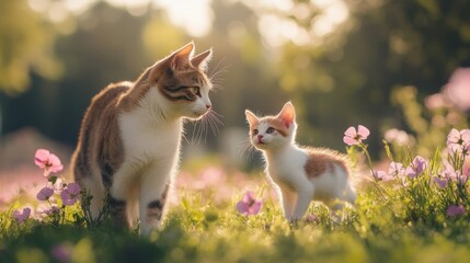 Fluffy cat on a meadow with pink flowers, one walking forward while another observes, bright daylight