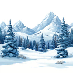 Fototapeta premium cartoon style winter mountains with snow pine tree landscape,isolated on transparent background
