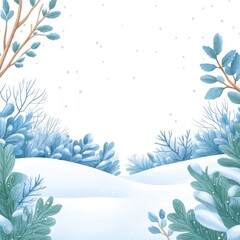 A serene winter landscape featuring snow-covered hills and sparse trees, creating a tranquil atmosphere with soft blue and white tones.