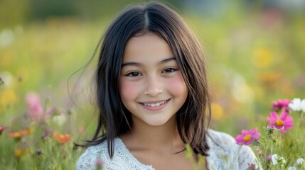 Naklejka premium Cute young girl with dark hair on flower-covered meadow, bright smile; blurred greenery for vibrant .