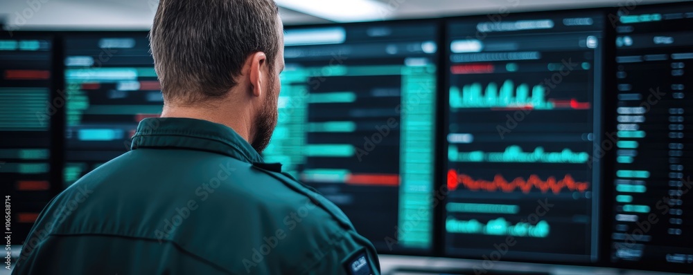 Poster a person in uniform monitors multiple high-tech screens displaying complex data and analytics.