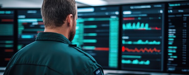 A person in uniform monitors multiple high-tech screens displaying complex data and analytics.