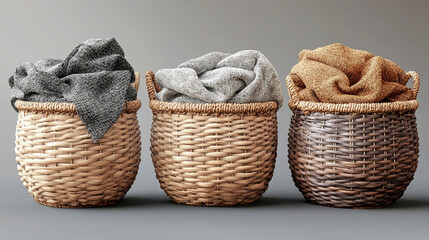 Obraz premium Cozy woven baskets filled with textured blankets in a minimalist indoor setting