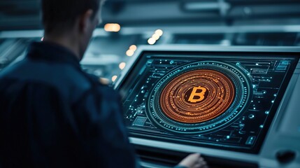 A person interacts with a digital screen displaying a large Bitcoin symbol amidst a high-tech interface, emphasizing cryptocurrency technology.