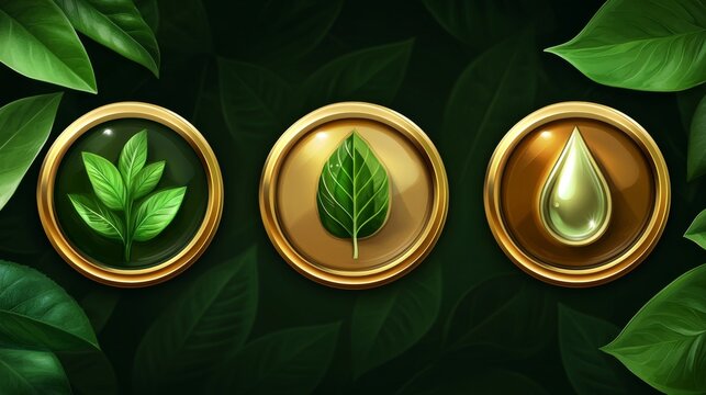 Pure and natural 100 percent organic emblem badge icon set collection green leaf and droplet symbol