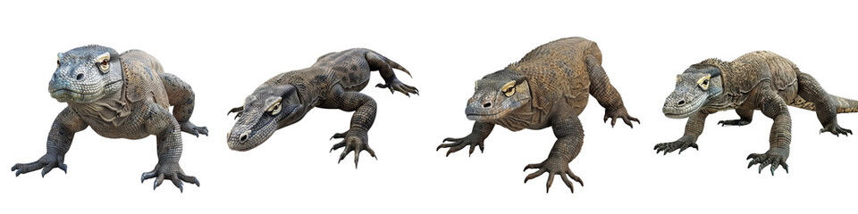 Obraz premium A collection of four prehistoric creatures on a white isolated background, showcasing their unique features and postures.