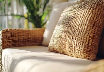Close-up of woven rattan material on a sofa, with a beige background and a blurred effect.