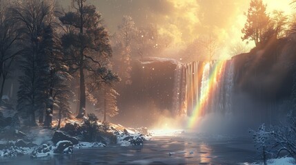 Winter Waterfall with Rainbow