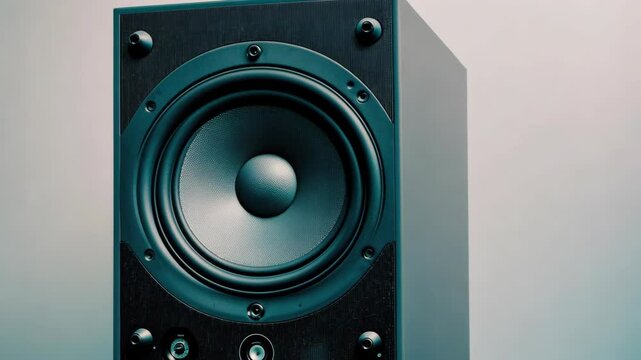 A black speaker sits in front of a white wall
