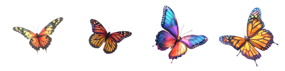 Fototapeta premium A vibrant display of colorful butterflies isolated on a white background, showcasing their unique patterns and beauty.