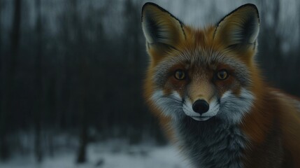 A red fox with sharp eyes stares directly at the camera in a snowy woodland setting.