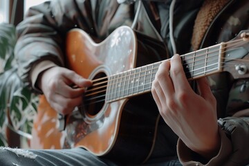Fototapeta premium Close-Up Musicians Hands Playing Acoustic Guitar, Passion For Music, Creative Process