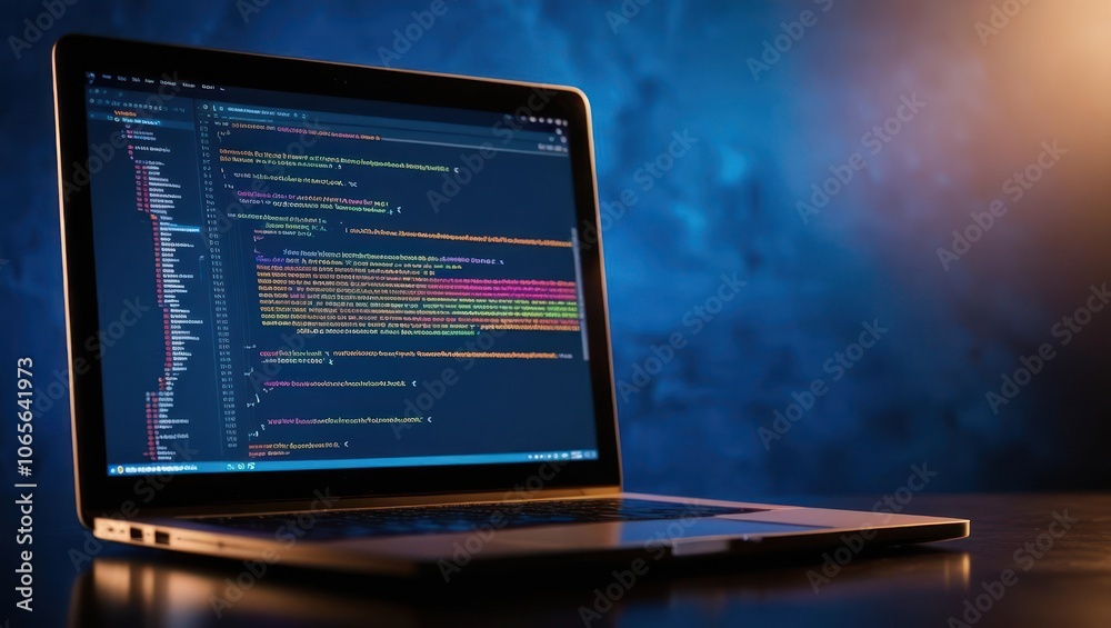 Poster close-up of a laptop displaying colorful code on the screen with a blurred background at night