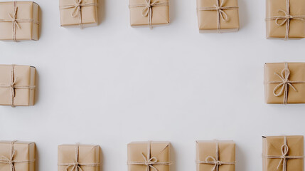 Gift boxes in rows on a white background with room for text. Use this image for themes of online shopping, shipping, or connecting globally.