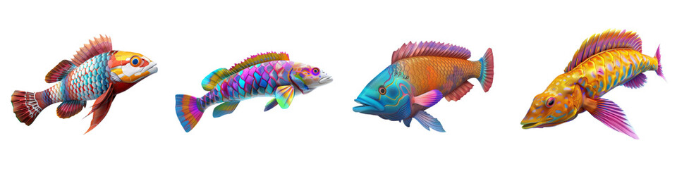 Colorful fish displayed on a white isolate background, showcasing vibrant patterns and unique shapes.