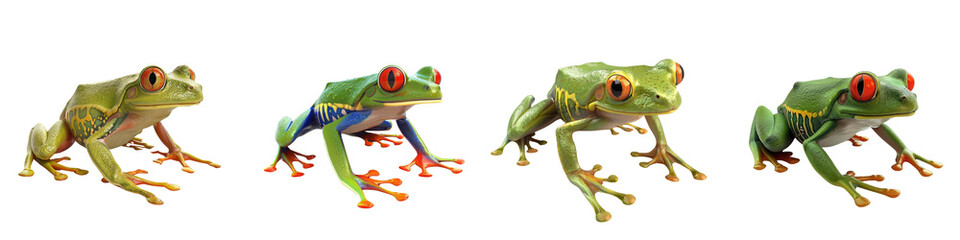 Obraz premium Colorful frogs on a white isolated background, showcasing their vibrant patterns and features in a playful arrangement.