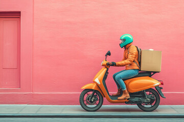 Delivery Rider on Orange Scooter Against Pink Wall