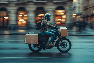 Delivery Rider on Motorcycle in Motion