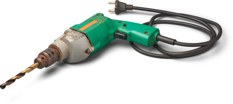 old used metal electric drill with its black wire isolated white background, corded tool with simple design 