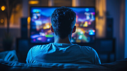 Man unwinds with video games after a hard day. He plays on a special TV that lets him change the background, making his gaming experience more intense.