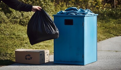 A hand holding a black garbage bag, standing next to a blue metal trash can with a cardboard box and other waste on an asphalt road