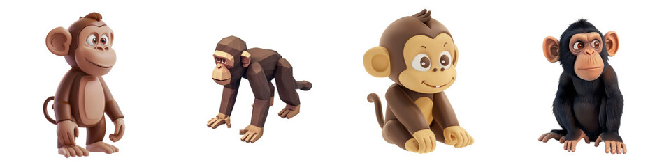 Naklejka premium Four adorable cartoon monkeys in various poses, showcasing playful expressions against a white isolated background.