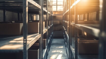 Obraz premium A well-lit storage area with empty shelves and cardboard boxes.