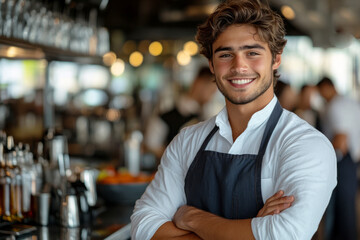 Fototapeta premium Young barista is smiling behind the counter of a coffee shop with his arms crossed