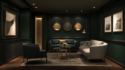 Modern Living Room with Dark Green Walls, Gold Accents, and Plush Seating