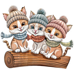 Obraz premium Three cute cats in winter clothes sitting on a log