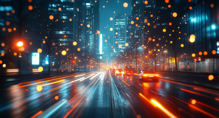 Obraz premium A busy city street at night. The highway is full of glare from car headlights. A dynamic hour-long shot with a blur effect.