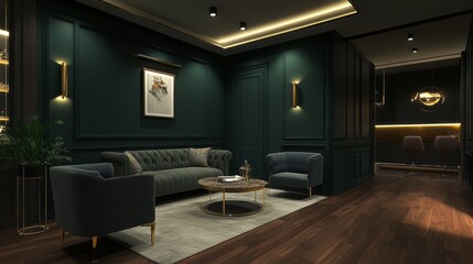 Modern Living Room Interior with Green Walls, Gold Accents, and Dark Wood Flooring