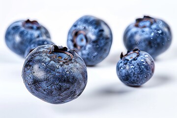 Vibrant fresh blueberries floating elegantly against a clean, crisp white background image