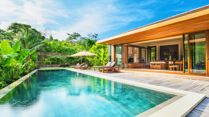 Fototapeta premium Luxury wooden villa with private pool surrounded by lush greenery in a tranquil setting