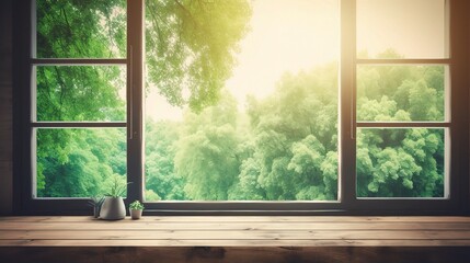 Fototapeta premium Peaceful Window View Over Green Forest Landscape