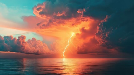 Fototapeta premium A striking orange lightning bolt cuts through the fluffy clouds above the ocean illuminating the sky with its vibrant glow