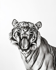 Obraz premium Aggressive growling tiger against clean white background. Black and white image.