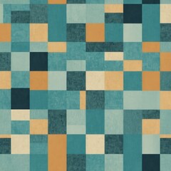 Abstract Mosaic Pattern Featuring Teal, Orange, and Cream Tiles Over a Textured Background