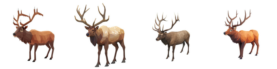Fototapeta premium Four stylish deer showcasing unique colors and antlers, white isolate background.