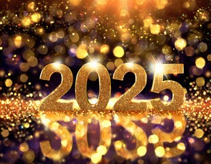 Glittering golden "2025" text with festive bokeh lights in the background, perfect for New Year celebrations and holiday themes.
