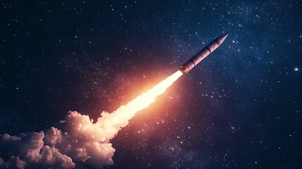 Fototapeta premium Rocket Launching into Starry Night Sky for Space Exploration, launch, stars, mission, technology