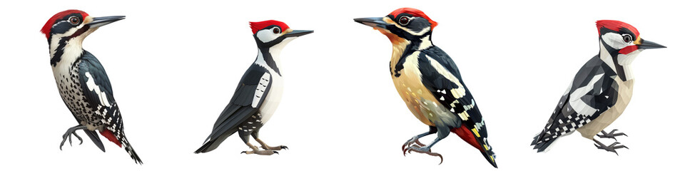 Obraz premium Four woodpeckers in various poses on a white isolated background.