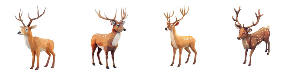 Obraz premium Group of four deer in different poses, showcasing their natural beauty and grace, isolated on white background.