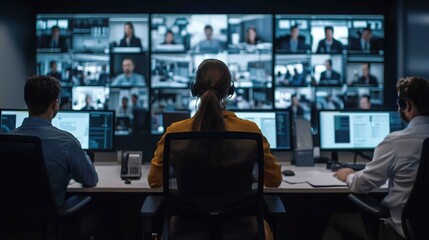 Obraz premium A team monitors multiple screens displaying virtual meetings, showcasing collaboration and technology in a modern workspace.