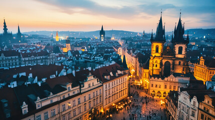 Night aerial view of a historic European city with ancient architecture and modern skyscrapers