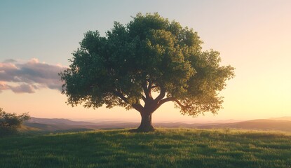 Fototapeta premium Beautiful oak tree in the middle of a green field at sunset, with ample copy space.