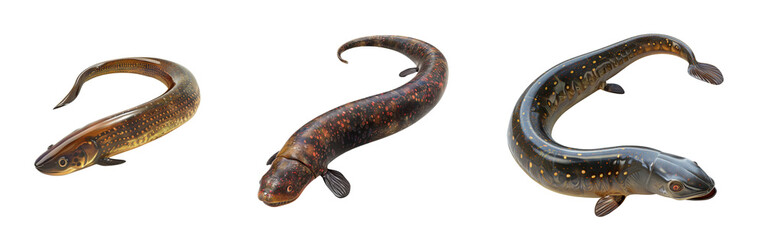 Obraz premium Three different species of eels, showcasing unique colors and patterns, isolated on a white background.