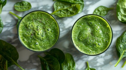 Obraz premium Green smoothie with celery and spinach in two glasses.