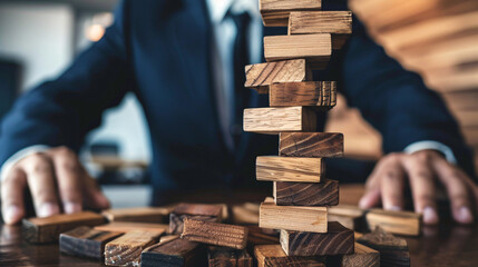 A businessman in a suit carefully balances a wooden block tower, representing risk management, strategy, and handling business challenges