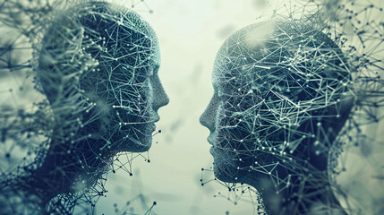 Abstract representation of two human faces constructed from networked connections and nodes, symbolizing artificial intelligence, technology, and connectivity